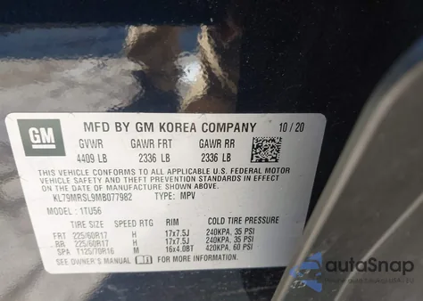 2021 Chevrolet Trailblazer Awd Lt z USA, uszkodzony, nr VIN KL79MRSL9MB077982